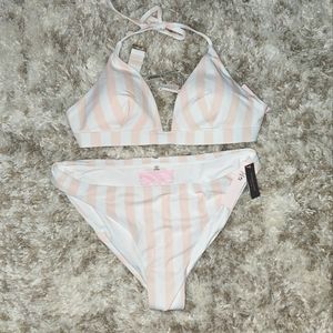 VS Essential Halter Bikini Top and Brazilian Bikini Bottom, L, Pink & White